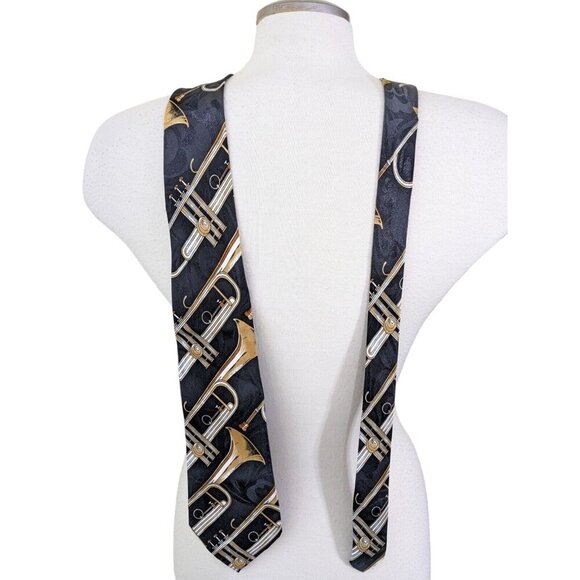 Fratello Hand Made Necktie Tie Trumpets Music Black Gold Musician Gift Classic - Picture 2 of 4